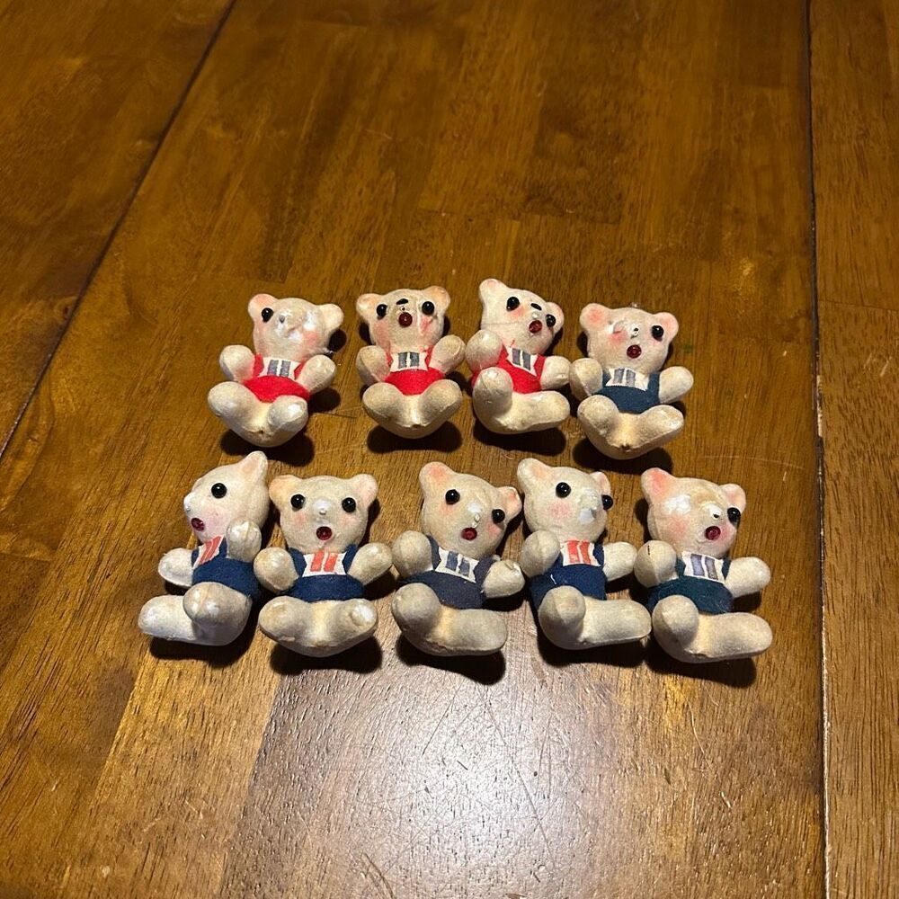 Vintage Kitsch Cute White Flocked Teddy Bears Christmas Ornaments Decor lot of 9
